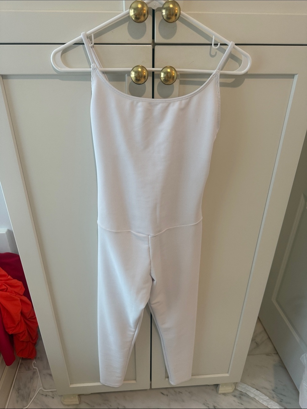 Onzie White Ribbed Spaghetti-Strap Jumpsuit